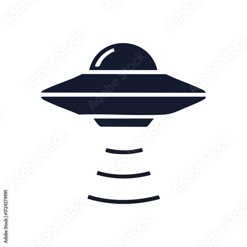 UFO Flying Saucer Icon. Modern pictogram showcasing an otherworldly vessel. It symbolizes cosmic wonder, interstellar journeys, ultimate enigmas, and extraterrestrial life.