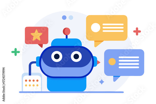 Vector flat illustration showing a man giving a star rating to an AI chatbot on a digital interface. Perfect for concepts related to customer feedback, online reviews, chatbot interaction, user satisf