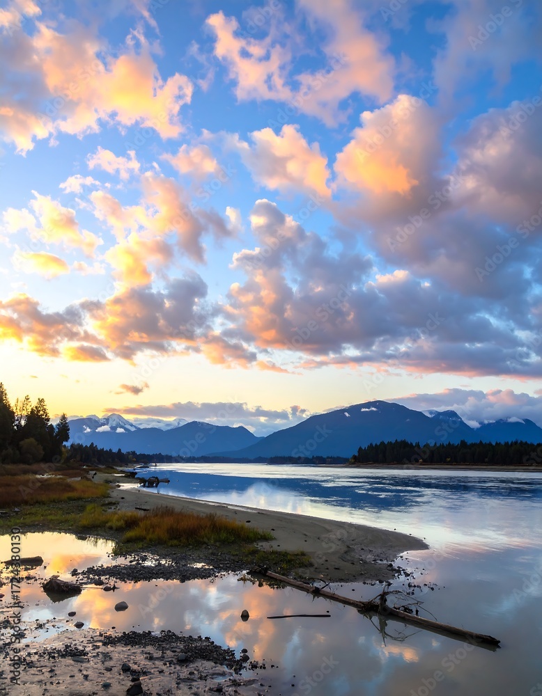 Fototapeta premium Calm river at sunset with dramatic clouds