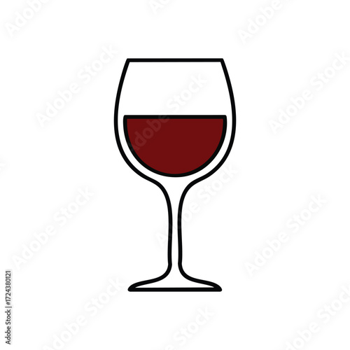 Classic Red Wine Glass Icon. A simple vector graphic depicting an elegant stemware vessel filled with a dark ruby beverage. It symbolizes celebration, sophistication, and relaxation.