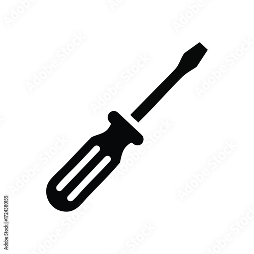 Slotted Screwdriver Graphic Icon. This minimalist emblem depicts a flathead turning tool, representing repair, construction, and practical DIY projects. Essential hardware.