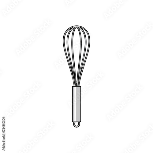 Kitchen Whisk Utensil. Clean line art drawing of a common mixing tool, ideal for baking or cooking related projects. Symbolizes creating delicious treats and meals.
