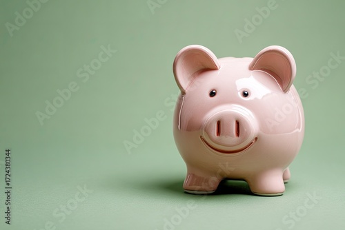 Pink piggy bank on a sage green background