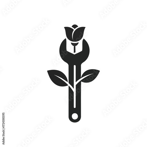 Green Tech Wrench Flower Symbol. This unique botanical instrument emblem represents harmonious growth and ecological maintenance. It blends industrial innovation with nurturing nature for a.