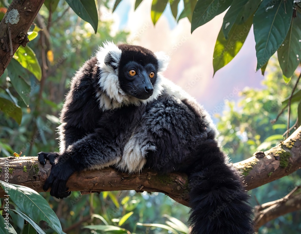 Obraz premium Black and white lemur resting on branch