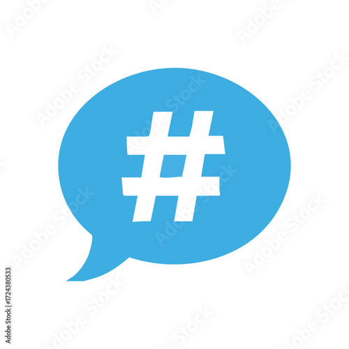 Social Media Hashtag Speech Bubble. A bold hash symbol in a vivid blue dialogue cloud. Represents popular trends, digital discourse, and global connectivity across online platforms.
