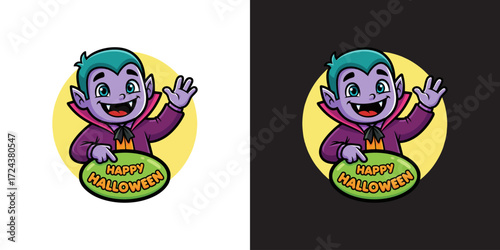 Adorable cartoon vampire wishing Happy Halloween with a friendly wave and a toothy grin, perfect for spooky season designs, party invitations, and fun Halloween promotions