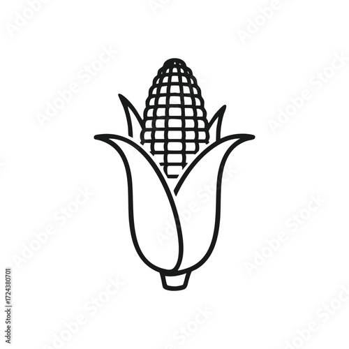 Simple Corn Cob Outline Symbol. A minimalist illustration depicting a ripened maize ear with its protective husks. Represents natural food, farming, and seasonal abundance.