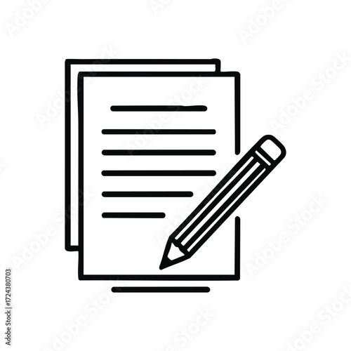 Drafting Content with Pencil and Paper. This minimalist illustration captures the essence of textual creation, revision, or learning. Perfect for showcasing documentation, schoolwork, or official.