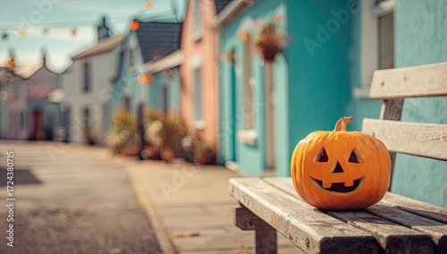Fototapeta Naklejka Na Ścianę i Meble -  Halloween pumpkin on a bench in a colorful street
