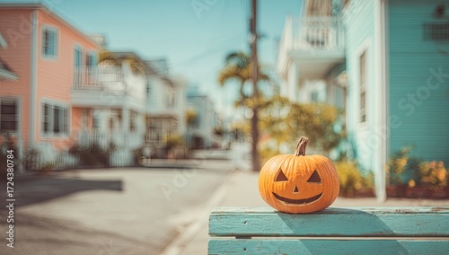 Fototapeta Naklejka Na Ścianę i Meble -  Halloween pumpkin on a bench in a colorful street (1)