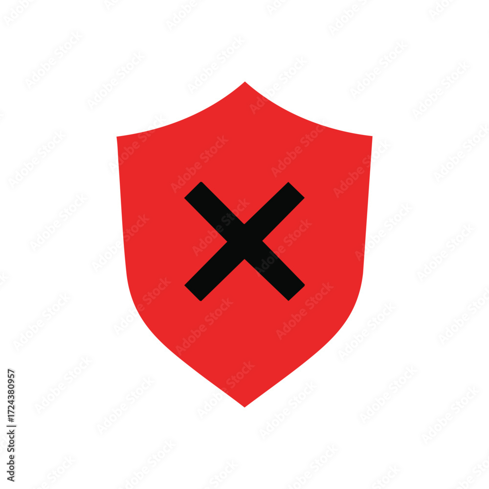 Obraz premium Failed Protection Shield Icon. This red crest warns of a breach or restricted entry. It represents vulnerability, danger, and a critical notification for insecure systems or data.
