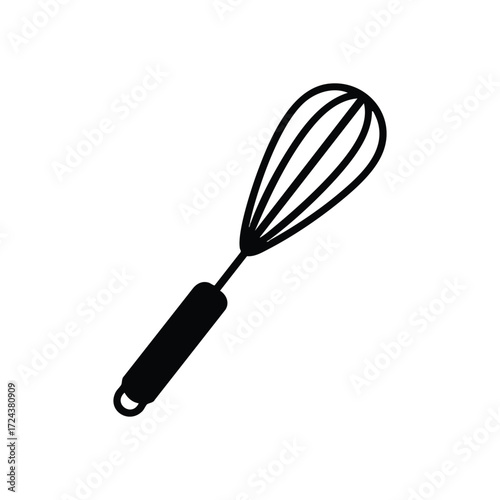 Cooking Whisk Utensil Icon. A dark graphic of a blending implement for food. It signifies culinary arts, home baking, and delicious meal preparation.