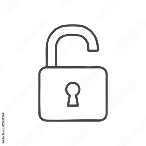 Unlocked Padlock Outline Symbol. This graphic portrays an unlatched security device, symbolizing granted entry, liberation, and discovering solutions. Ideal for web apps.