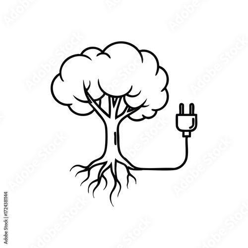 Green Energy Tree Plug. A drawing depicting earth's power source. This icon symbolizes renewable vitality and the essential link between our natural world and electricity for a better future.