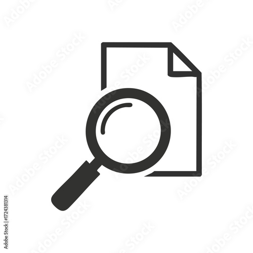 Document Data Search Magnifier. This crisp icon shows a loupe over a paper, symbolizing precise facts retrieval, detailed information analysis, and thorough content investigation.
