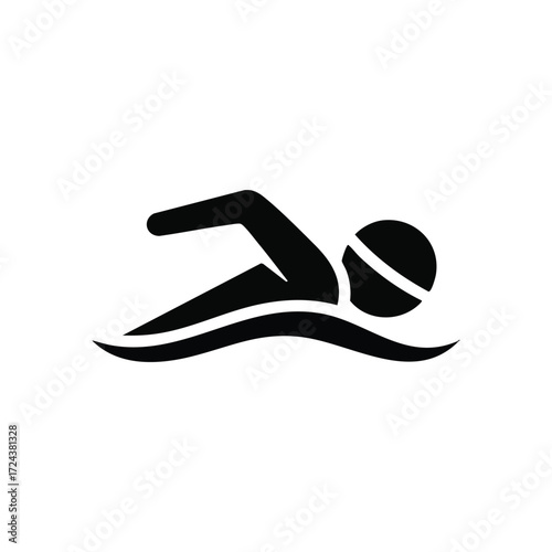 Swimming Activity Icon. A sleek black emblem depicts an individual engaging in aquatic exercise, representing health, leisure, and competitive sports. Perfect for fitness designs.