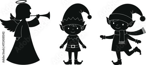 Christmas angel silhouette, festive elf characters, winter holiday vector, joyful celebration, seasonal decoration, traditional costume, trumpet, scarf, hat, curled shoes, Adobe Stock illustration