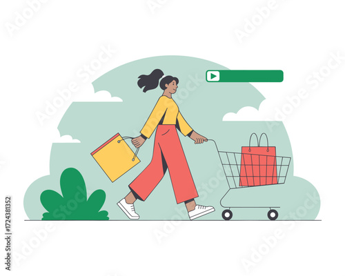 Digital Shopper's Stroll: A digitally styled illustration of a woman strolls confidently, navigating her shopping cart and carrying bags. Capturing modern online retail journey.