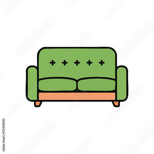 Green Couch Icon Cartoon Style. A cozy illustration of a verdant two seat divan. It symbolizes relaxation, home comfort, and a welcoming interior space.