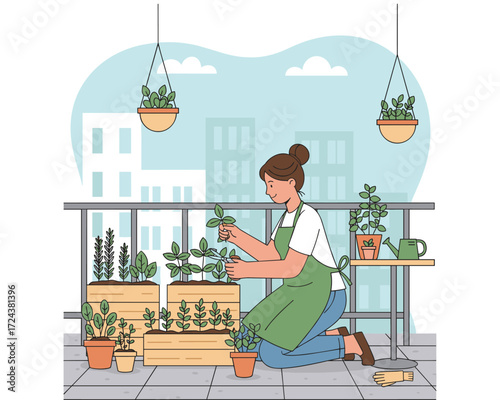 Urban Oasis: A Woman Nurturing Plants: On a sun-drenched balcony, a woman tends her vibrant urban garden, meticulously nurturing each plant and creating a harmonious green space in the city.