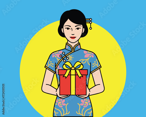 Gift Giving: A beautifully illustrated person in traditional attire, with a warm expression, stands gracefully, cradling a vibrantly wrapped gift box, set against a backdrop of bold, stylized colors.