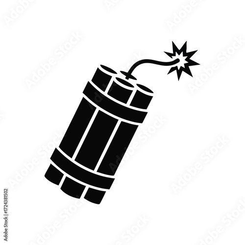 Dynamite Sticks with Burning Fuse. Black icon displaying explosive charges bundled together with an ignited wick. This potent symbol conveys risk, urgency, and a critical situation.