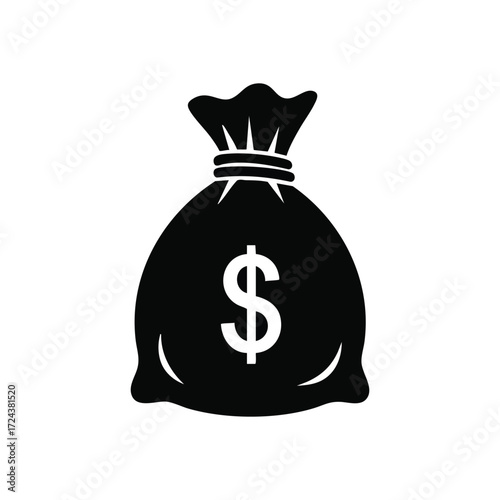 Dollar Money Sack Symbol. This monochrome illustration displays a financial pouch featuring a prominent US currency emblem. It conveys notions of affluence, savings, income, and successful.