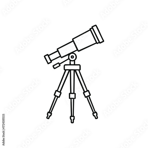 Telescope Outline Icon. Minimalist line illustration of an astronomical device on a mount. Symbolizes discovery, exploration, and knowledge acquisition.