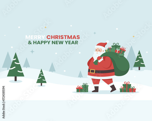 Santa's Festive Delivery: Santa Claus cheerfully navigates a snowy landscape, laden with a sack of gifts, epitomizing the joy of Christmas. The scene features a stylized winter wonderland setting.