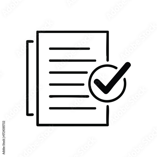 Verified Document Checklist Icon. A crisp black outline drawing depicts a finalized report or accepted form. This graphic signifies confirmation, successful execution, or validation of an objective.
