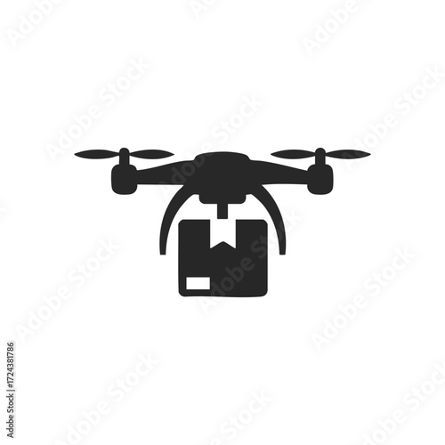 Drone Package Delivery Icon Symbol. This modern unmanned aerial vehicle graphic signifies rapid shipping and automated logistics solutions.