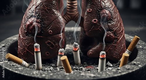 Visualizing smoking consequences, damaged lungs surrounded by cigarettes ashes