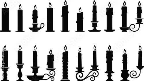 Vintage candle silhouette, ornate candle holders, burning wax vector, decorative lighting, antique style, elegant design, home decor, Adobe Stock illustration, black graphic