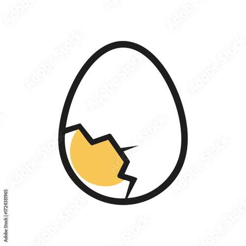 Cracked Egg Yolk Minimalist Icon. Simple illustration of a fractured ovum revealing its golden center. Represents new beginnings, delicate nature, and emerging potential.