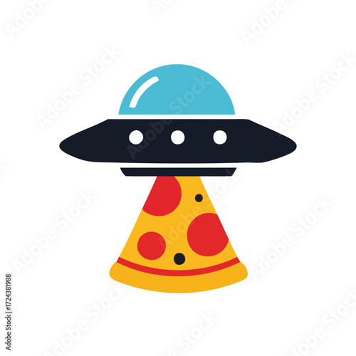 UFO Beaming Pizza Slice. Whimsical illustration of an alien craft levitating a delicious hot pizza. Represents cosmic cravings, humor, and unexpected delight.