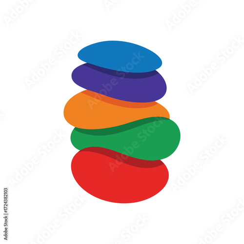 Vibrant Stacked Forms Balance. This artistic composition showcases five brightly hued components arranged vertically. It represents stability, order, and harmonious progression.