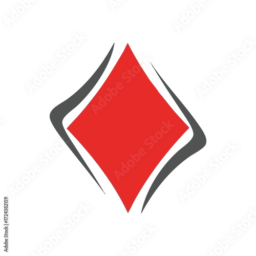 Dynamic Red Diamond Abstract Design. A striking illustration showcasing a vibrant crimson jewel form framed by sleek, dark gray arcs. This contemporary symbol conveys prosperity, power, and.