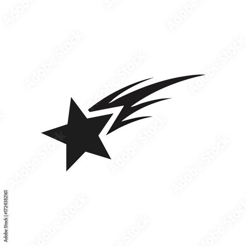 Vector Shooting Star Trail Icon. A dynamic black five-pointed astral body with a swift streaking trail, symbolizing ambition, rapid success, and magical wishes coming true.