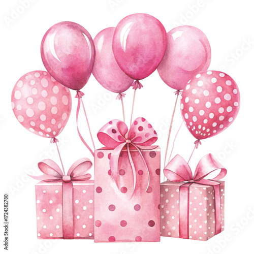 Watercolor illustration of pink gift bags with satin bows, decorated with floral patterns clipart watercolor white background
