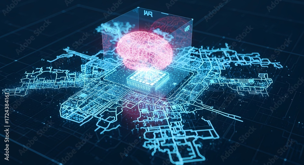 Fototapeta premium Abstract digital brain with circuit board and glowing neural network