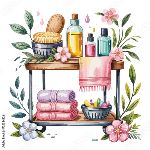 spa cart with oils, brushes, and towels, kawaii pastel style, watercolor illustration, transparent background