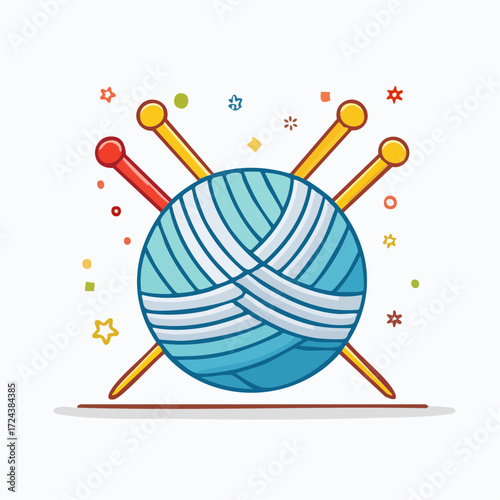 Blue Yarn Ball with Knitting Needles and Colorful Confetti