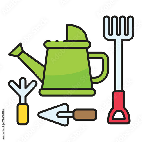 Gardening tools including a watering can trowel hand rake and pitchfork