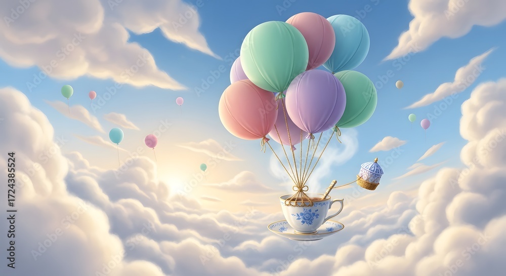 Obraz premium Surreal Floating Cup Of Coffee With Balloons And Cupcake Ascending Amidst Clouds At Sunrise