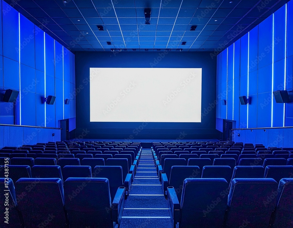 Fototapeta premium Modern empty cinema hall, striking blue ambient light, wide blank screen