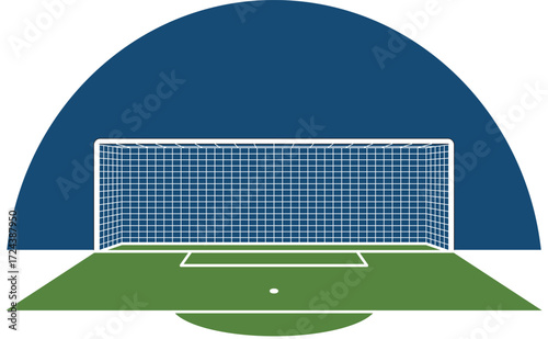 Soccer penalty spot vector with goalpost and net on green field. Football sports illustration for match, training, tournament, strategy, or recreation design. Perfect for posters and icon collections.
