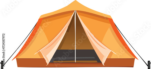 Front view of a vibrant orange A-frame camping tent with open flaps, isolated vector illustration for outdoor adventure and travel themes