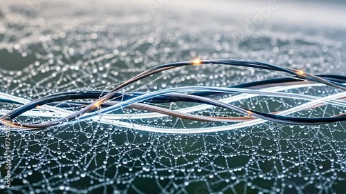 Macro shot of wires and spiderweb with water droplets