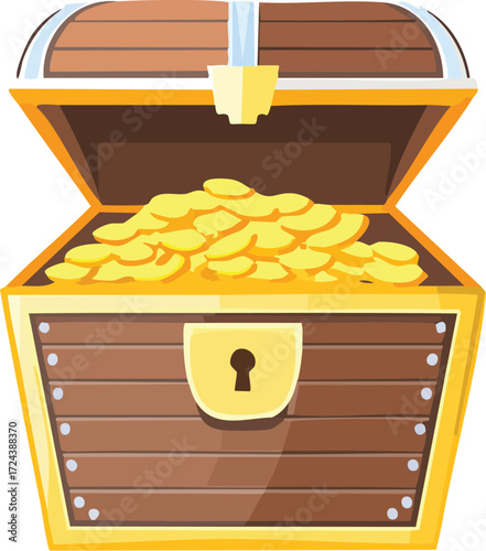 A classic wooden pirate treasure chest, open and overflowing with a hoard of shiny gold coins, symbolizing wealth, fortune, and discovery